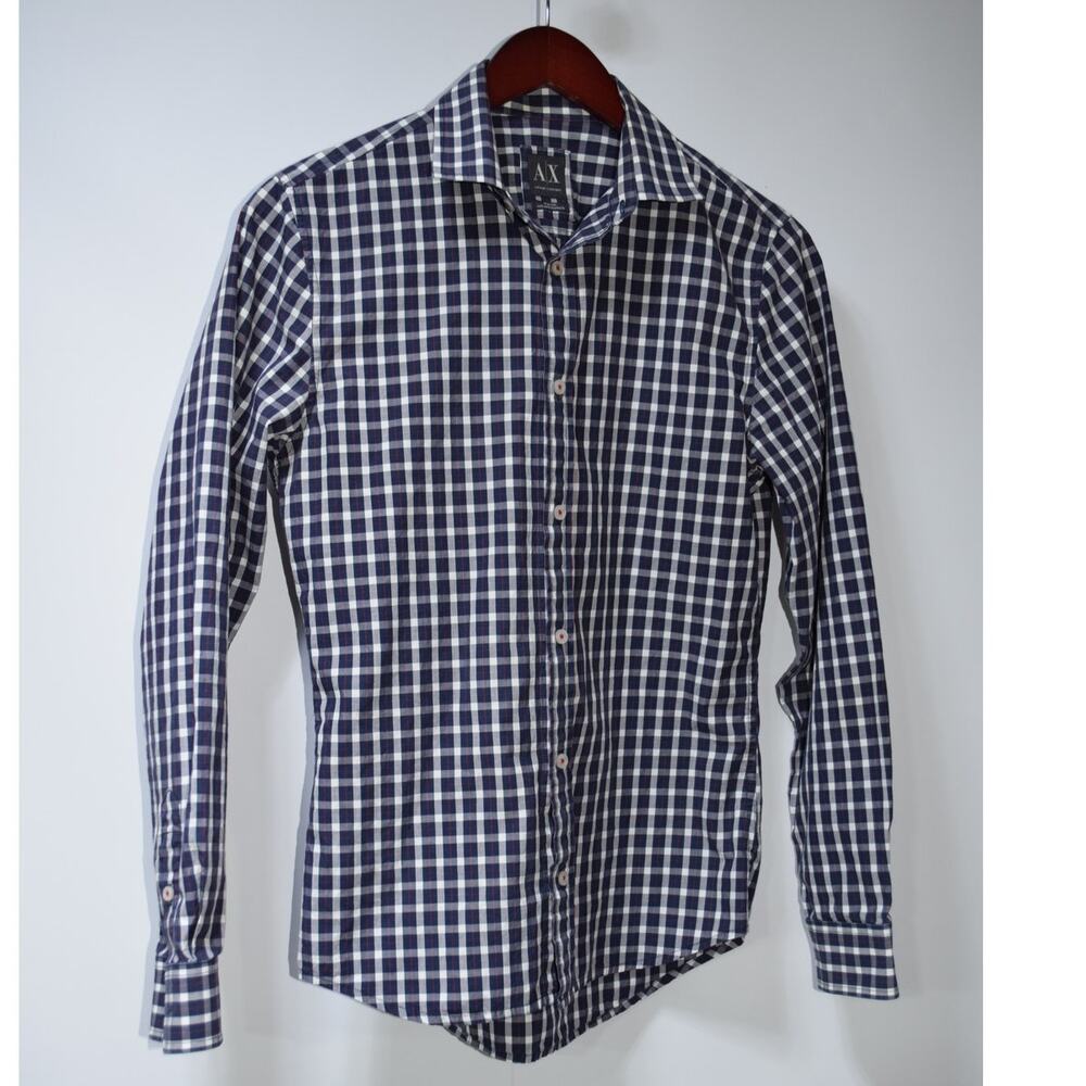 Armani Exchange AX Button Down Shirt Mens Small Slim Fit Blue Check Plaid